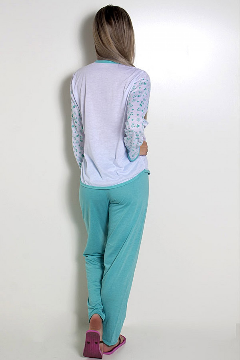 Pijama Feminino Longo 081 (Verde com borboleta) 