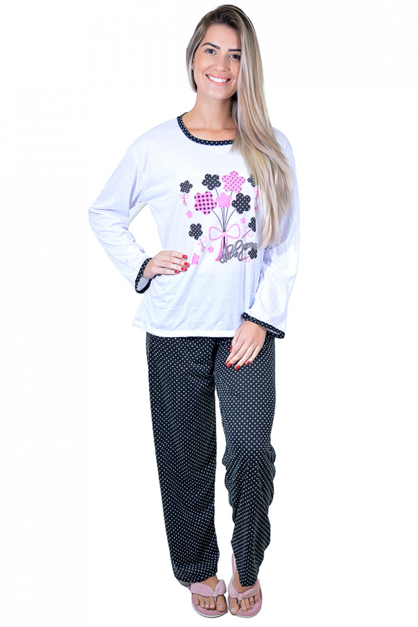 Pijama feminino longo 246 (Preto com flores)