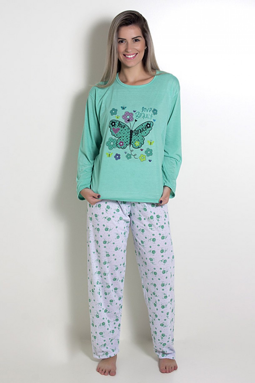 Pijama feminino longo 248 (Verde com borboleta) 