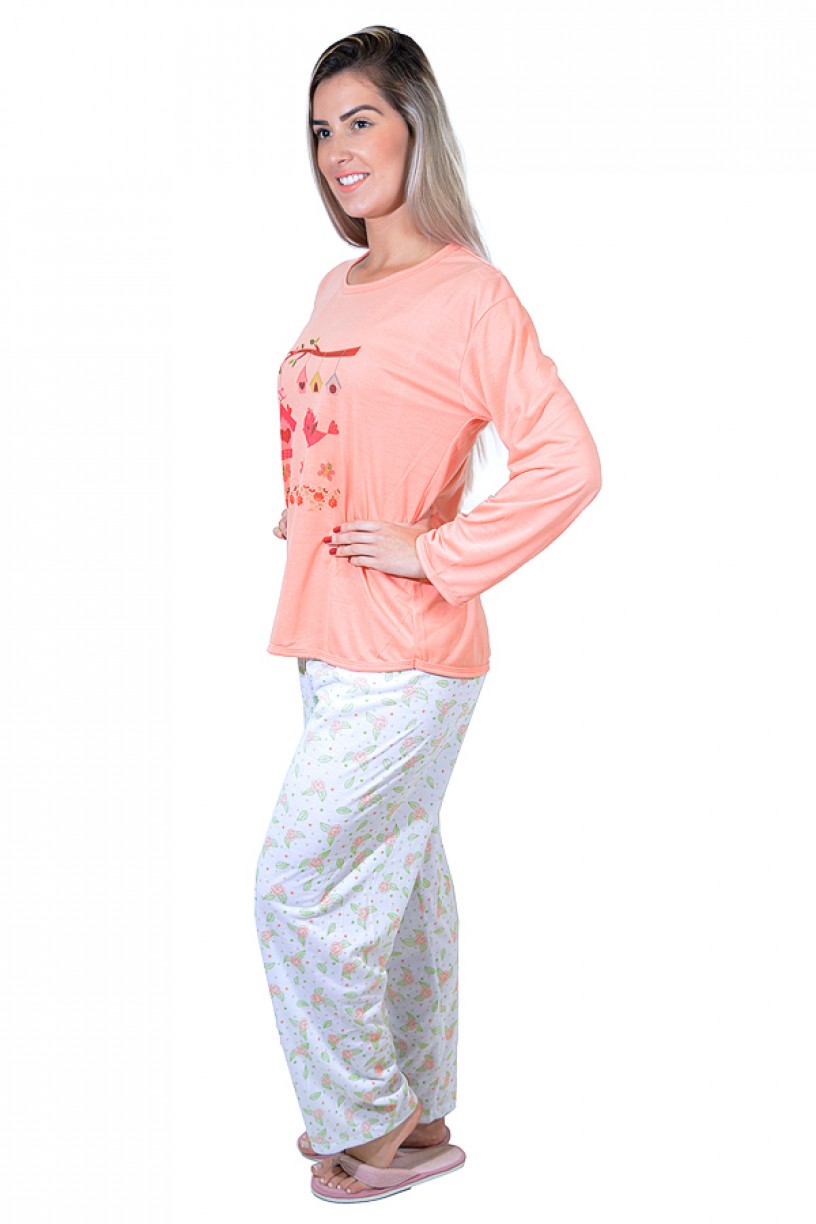 Pijama feminino longo 248 (Salmão com passarinho) 