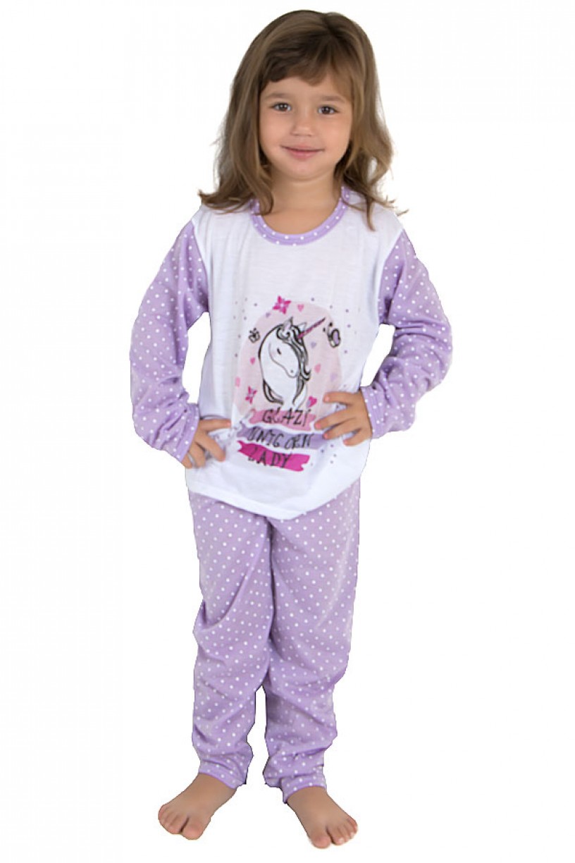 Pijama longo de Malha Infantil 108 (Lilás com poá branco) | Ref: CEZ-PA108-004