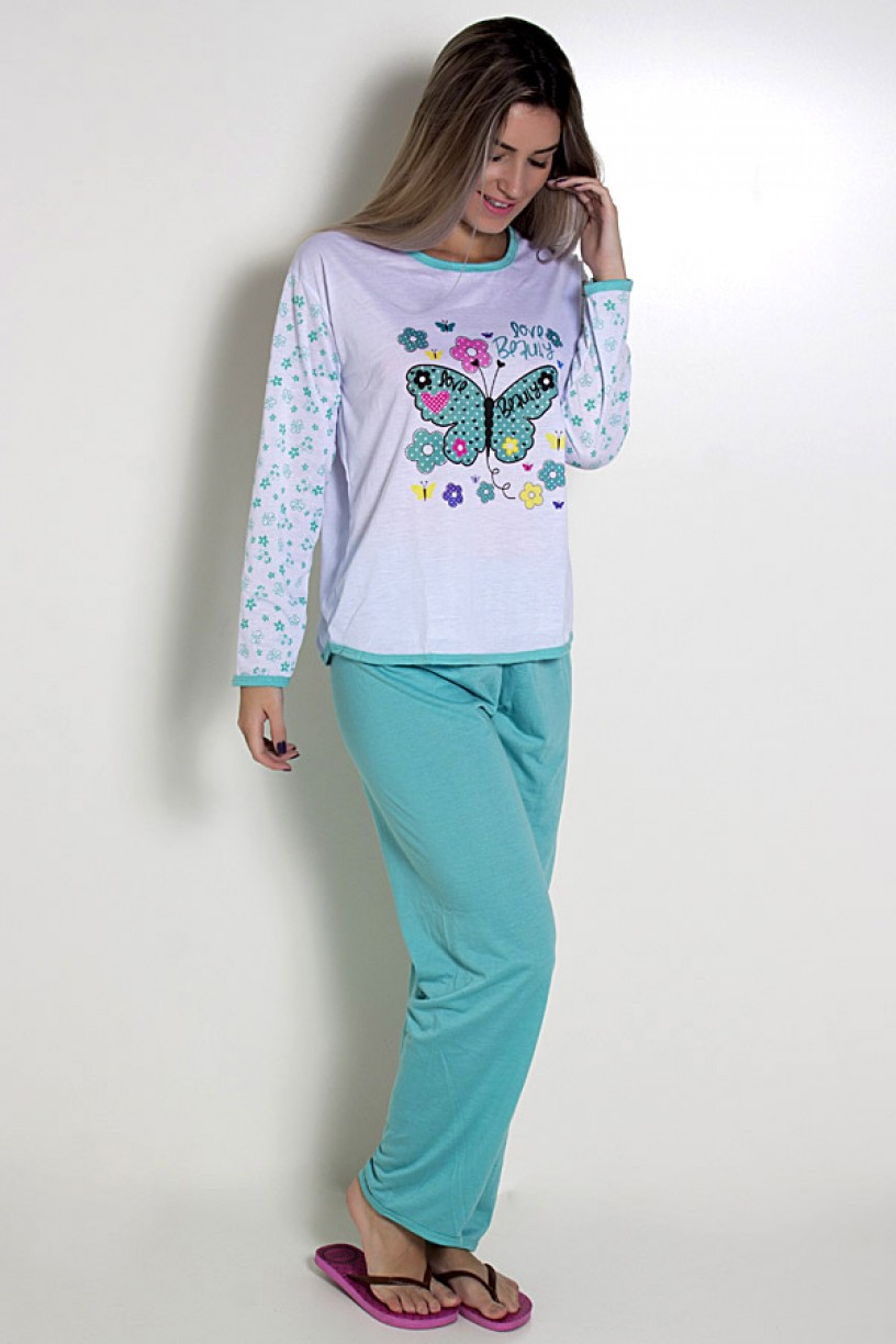 Pijama Feminino Longo 081 (Verde com borboleta) 