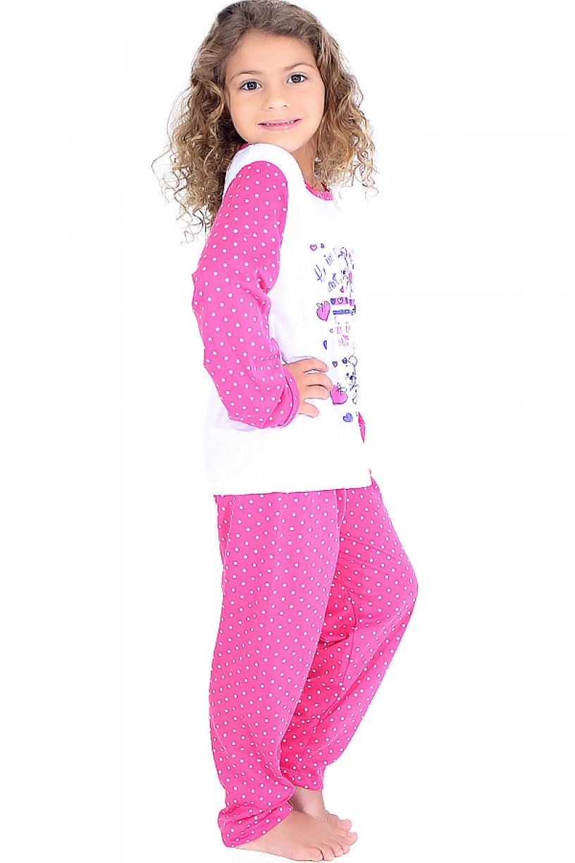 Pijama longo infantil 108 (Pink com poá branco) 