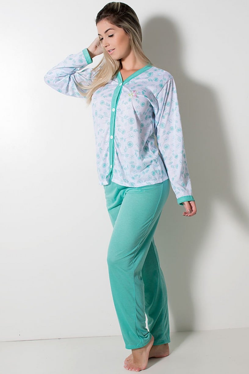 Pijama feminino longo 182 (Verde Piscina) | Ref: CEZ-PA182-009