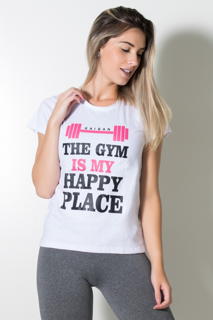 Camiseta Feminina (The Gym is my Happy Place) (Branco) | Ref: BES002-002