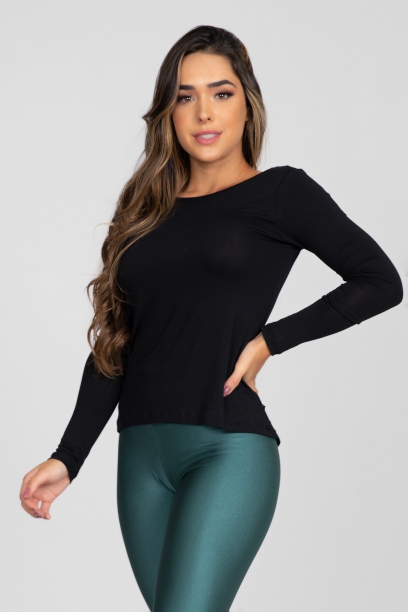 Blusa de Viscolycra Manga Longa com Gola Canoa (Preto) | Ref: K2900-A