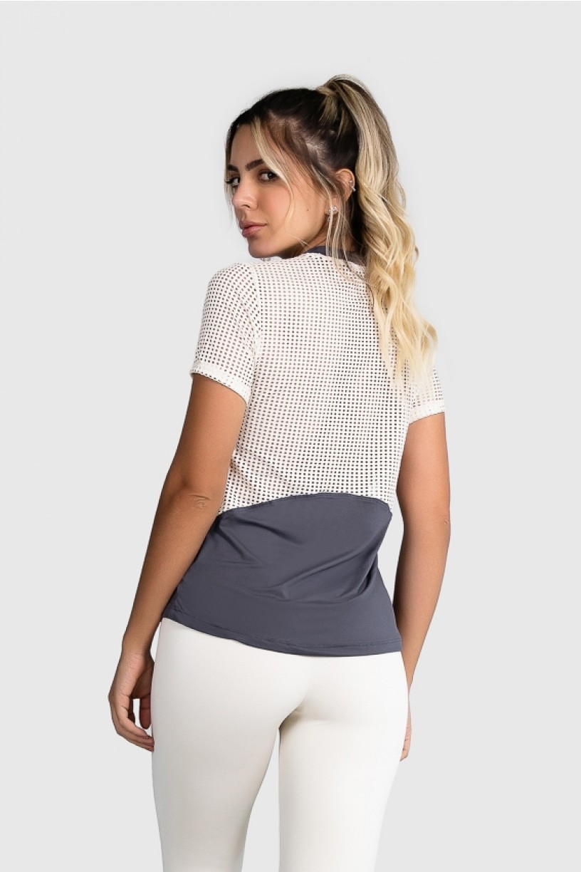 Blusa Fitness com Recorte de Tela (Grafite / Off-White) | Ref: GO12-B