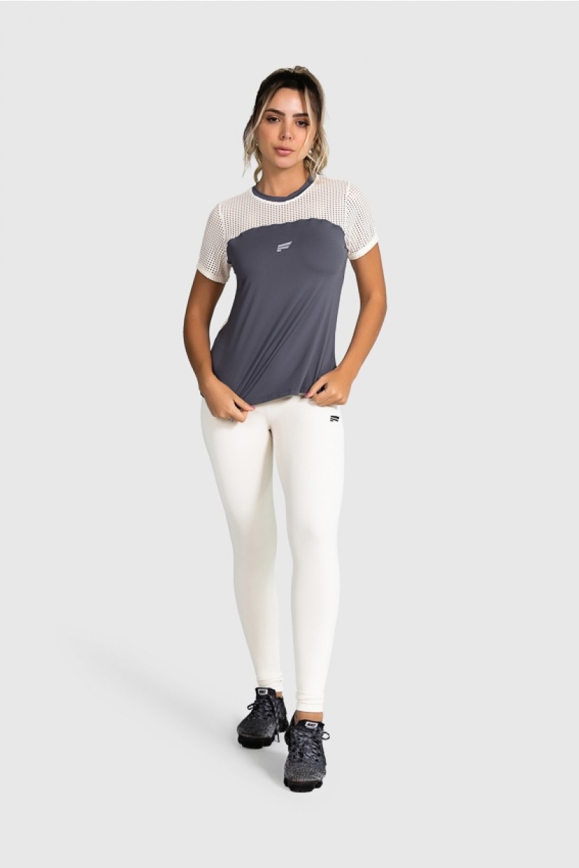 Blusa Fitness com Recorte de Tela (Grafite / Off-White) | Ref: GO12-B