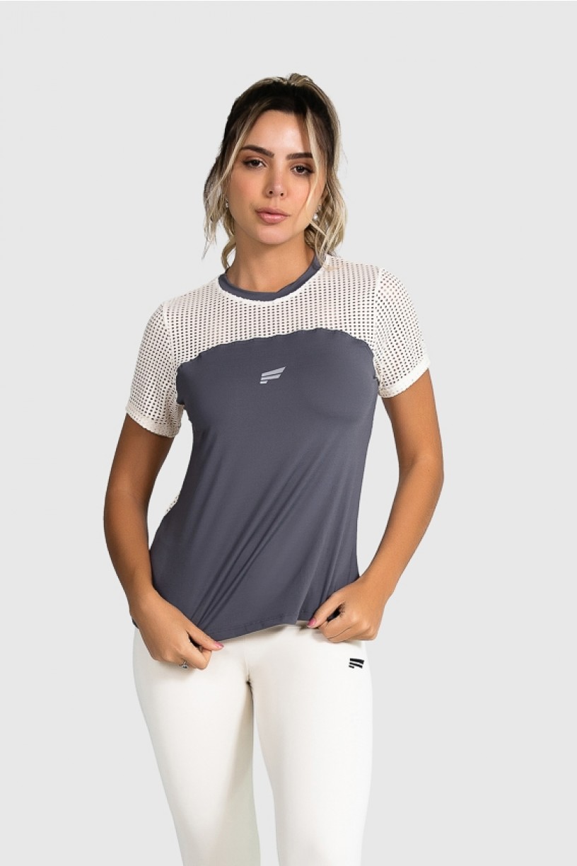 Blusa Fitness com Recorte de Tela (Grafite / Off-White) | Ref: GO12-B