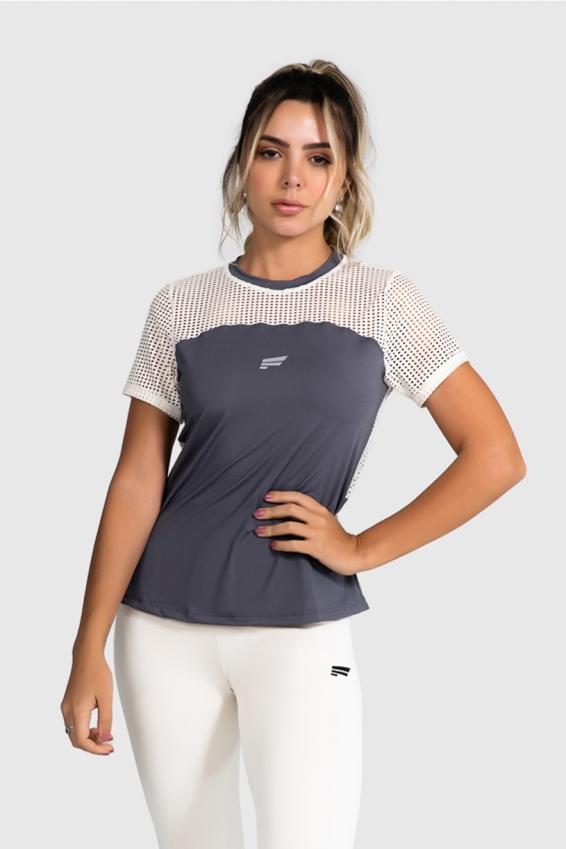 Blusa Fitness com Recorte de Tela (Grafite / Off-White) | Ref: GO12-B