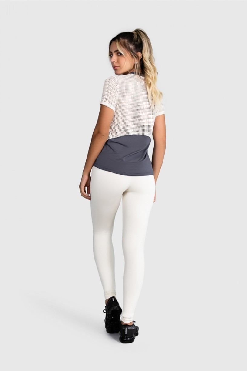 Blusa Fitness com Recorte de Tela (Grafite / Off-White) | Ref: GO12-B