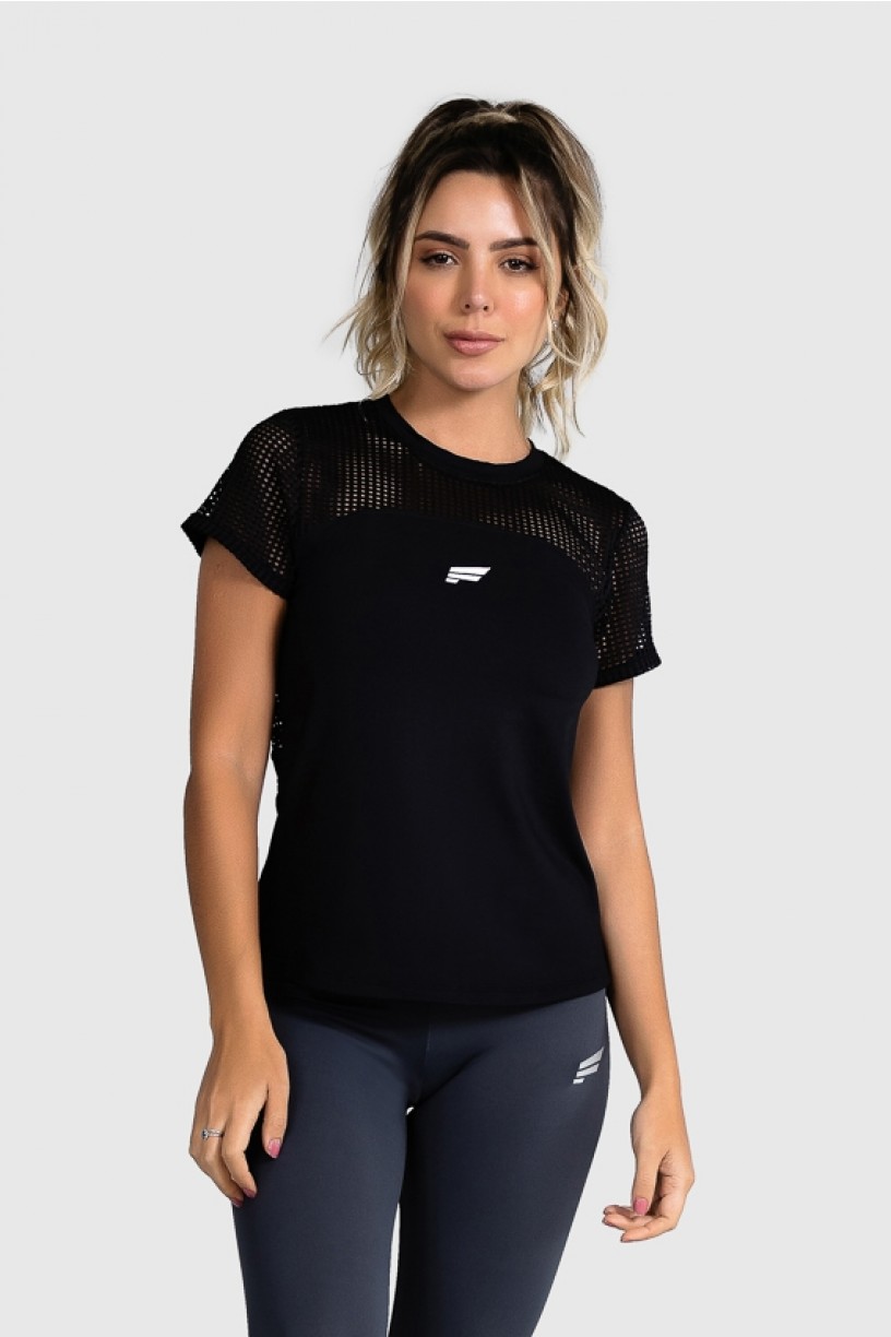 Blusa Fitness com Recorte de Tela (Preto) | Ref: GO12-A