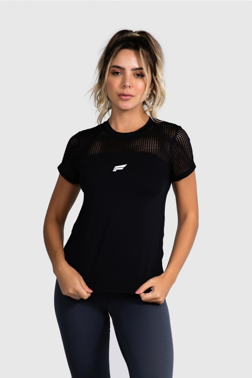 Blusa Fitness com Recorte de Tela (Preto) | Ref: GO12-A