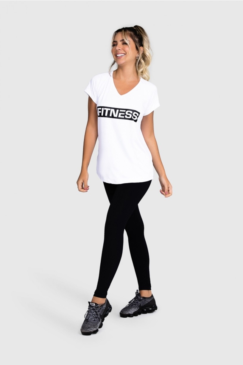 Blusa Fitness Manga Raglan Curta com Silk (Branco / Preto) | Ref: GO89-C