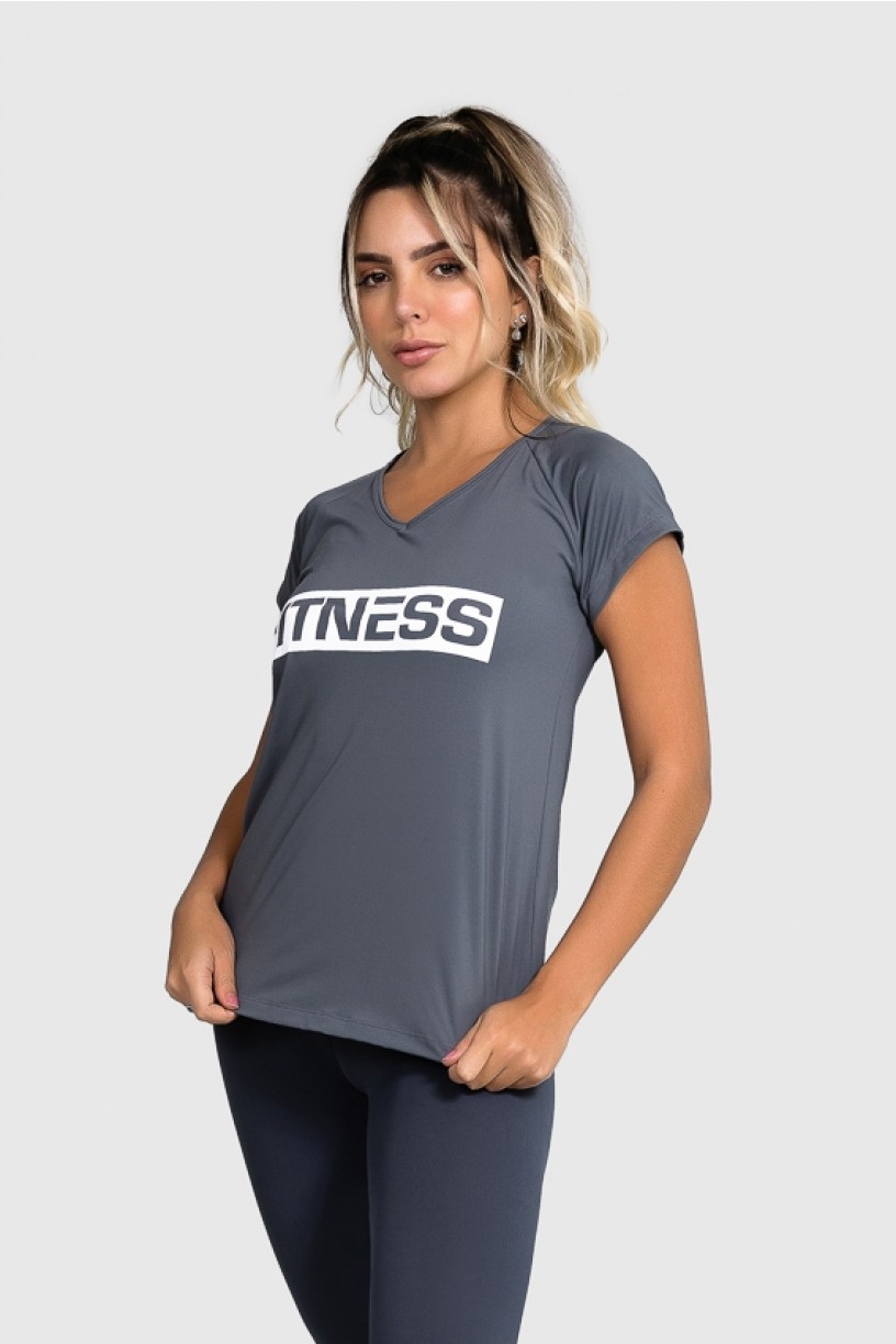 Blusa Fitness Manga Raglan Curta com Silk (Grafite / Branco) | Ref: GO89-B