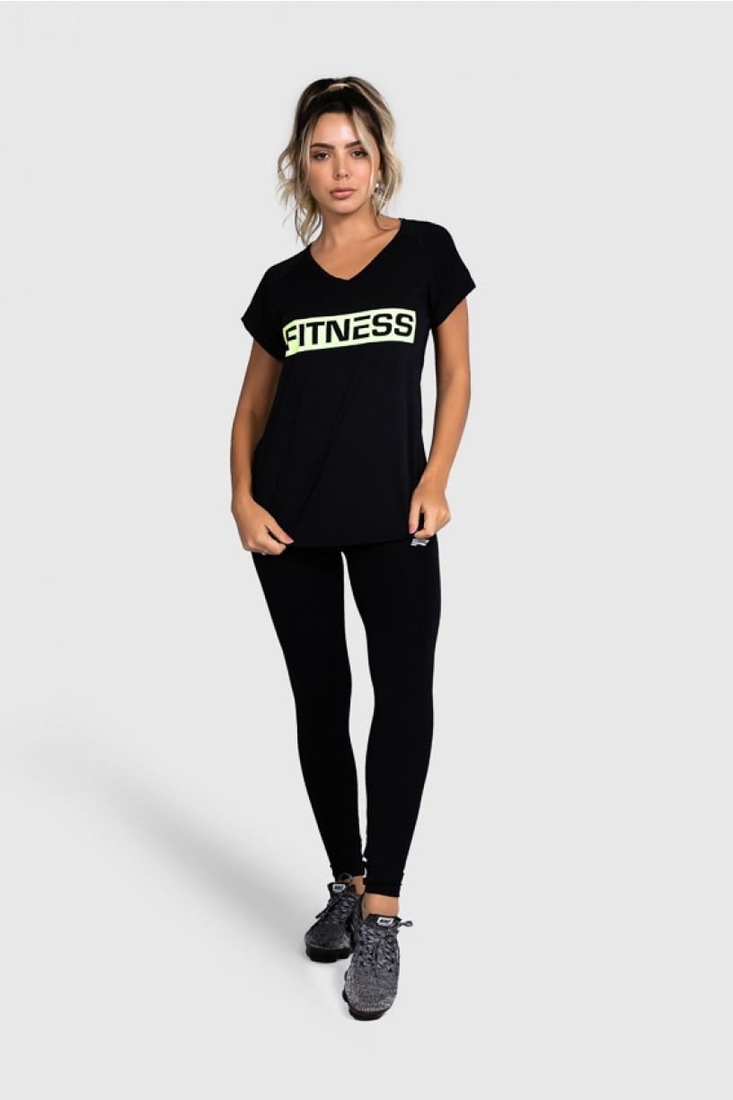 Blusa Fitness Manga Raglan Curta com Silk (Preto / Verde Neon) | Ref: GO89-A