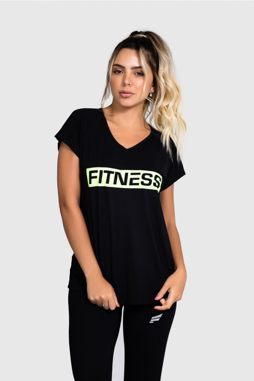 Blusa Fitness Manga Raglan Curta com Silk (Preto / Verde Neon) | Ref: GO89-A