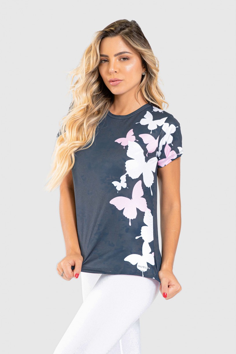 Blusa Fitness Manguinha Estampa Digital Wings of a Butterfly | Ref: GO205