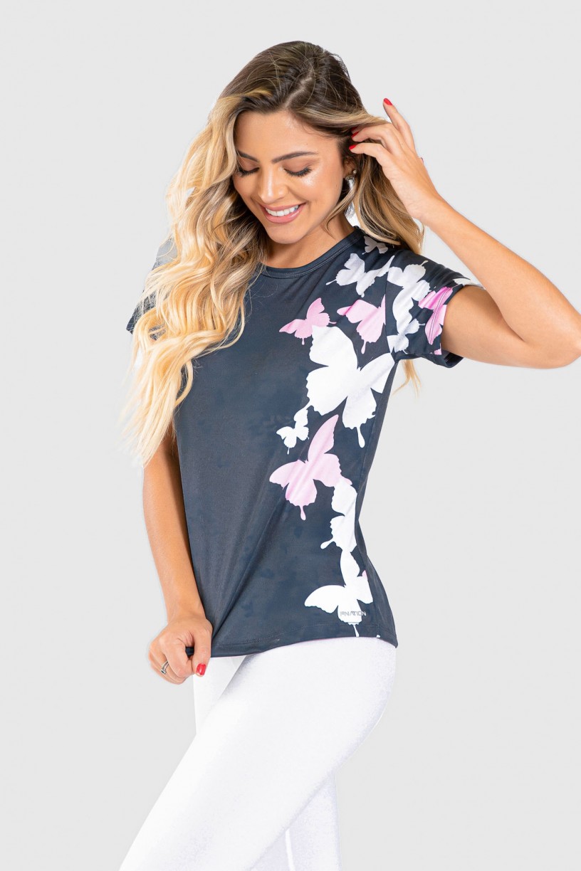 Blusa Fitness Manguinha Estampa Digital Wings of a Butterfly | Ref: GO205