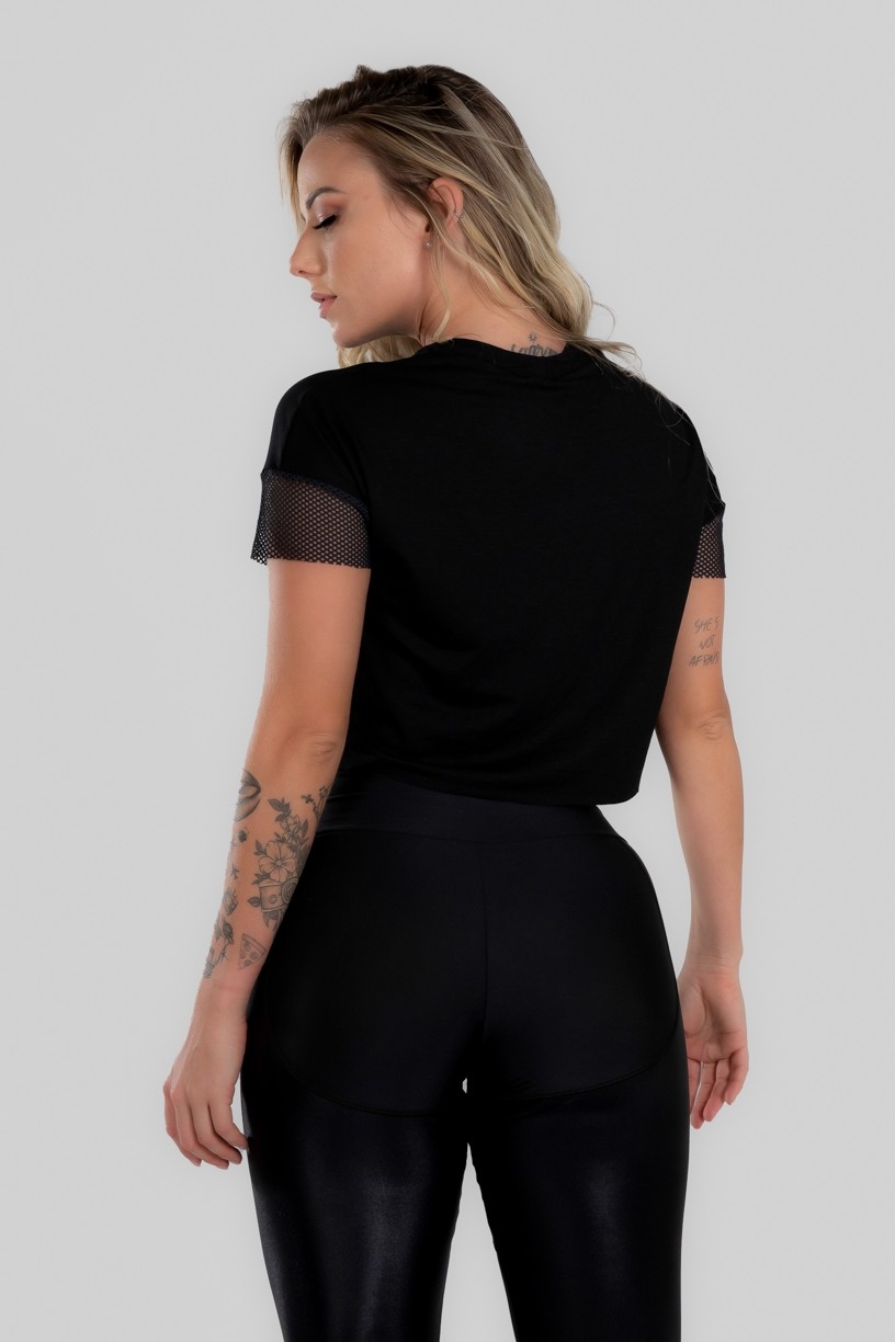 Blusa Manga Curta com Detalhe em Tela (Preto) | Ref: K2985-A