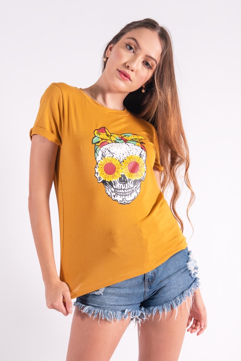 Blusa Nózinho com Silk Caveira Fashion (Mostarda) | Ref: K2832-G