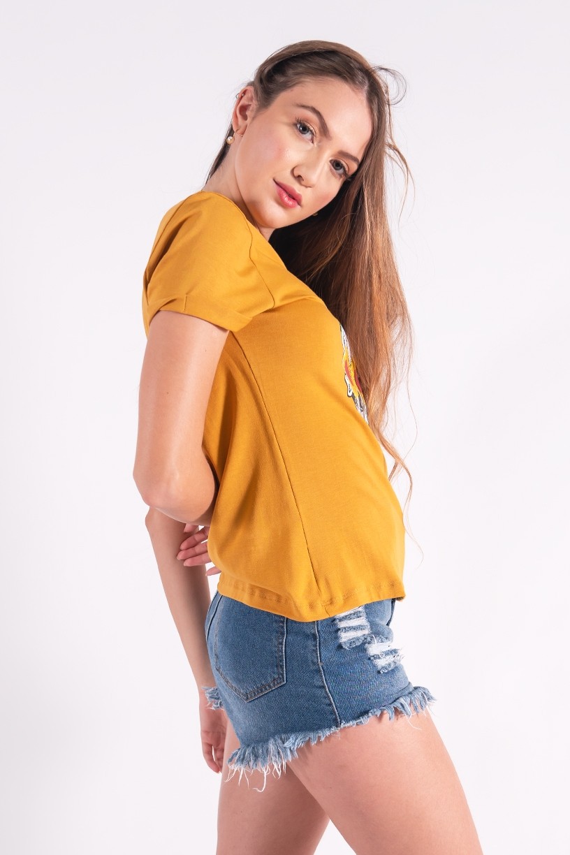 Blusa Nózinho com Silk Caveira Fashion (Mostarda) | Ref: K2832-G