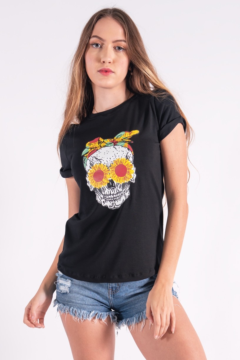 Blusa Nózinho com Silk Caveira Fashion (Preto) | Ref: K2832-A