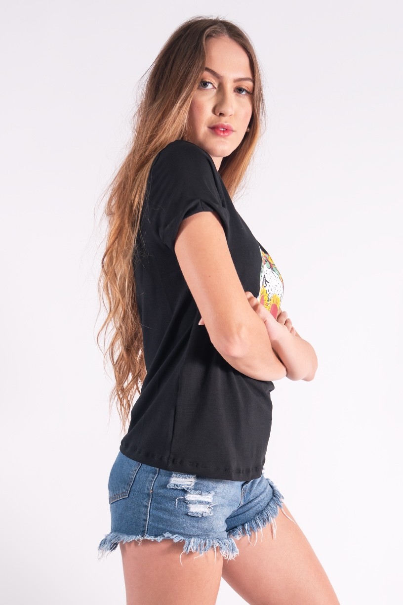 Blusa Nózinho com Silk Caveira Fashion (Preto) | Ref: K2832-A