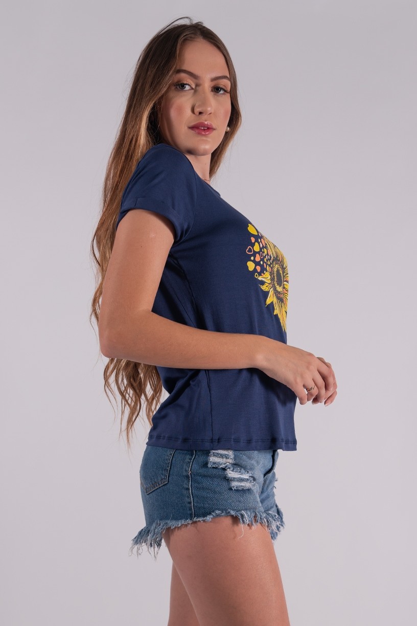 Blusa Nózinho com Silk Girassol e Corações (Azul Marinho) | Ref: K2833-F