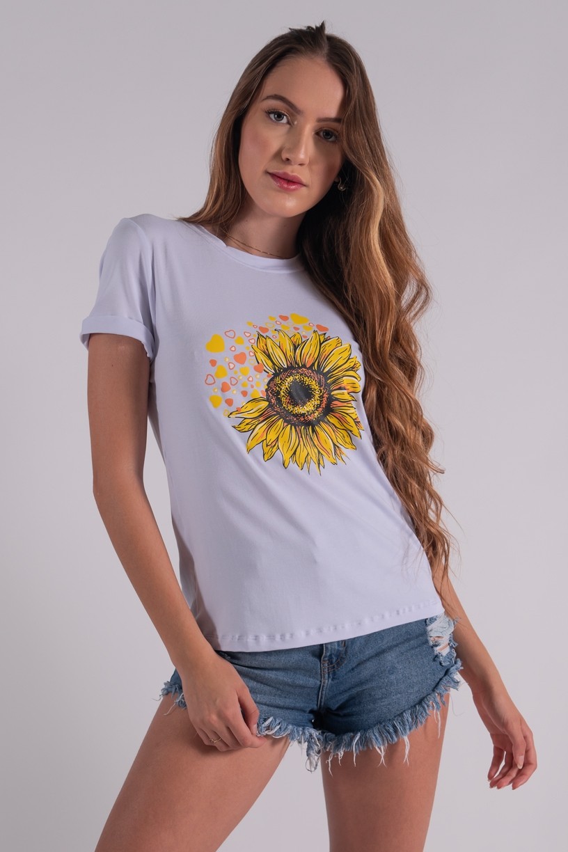 Blusa Nózinho com Silk Girassol e Corações (Branco) | Ref: K2833-B