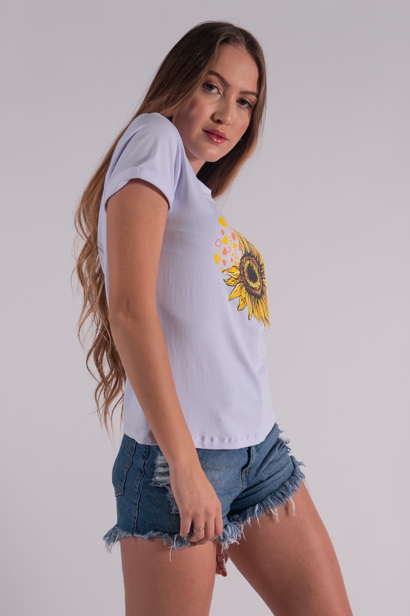 Blusa Nózinho com Silk Girassol e Corações (Branco) | Ref: K2833-B