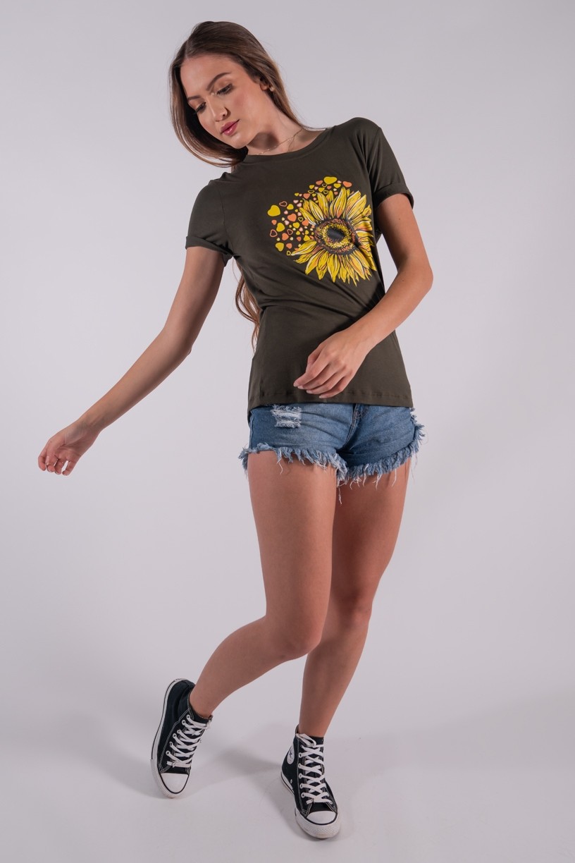 Blusa Nózinho com Silk Girassol e Corações (Verde Militar) | Ref: K2833-I