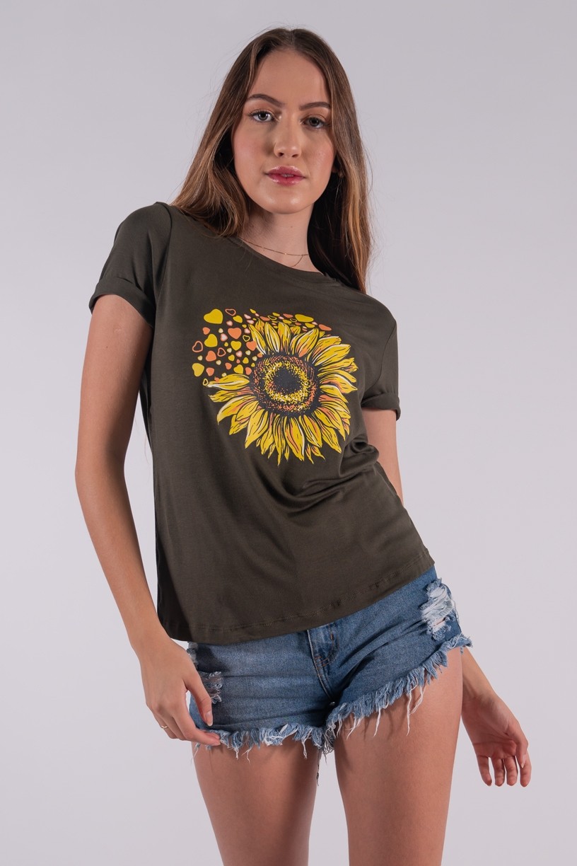 Blusa Nózinho com Silk Girassol e Corações (Verde Militar) | Ref: K2833-I