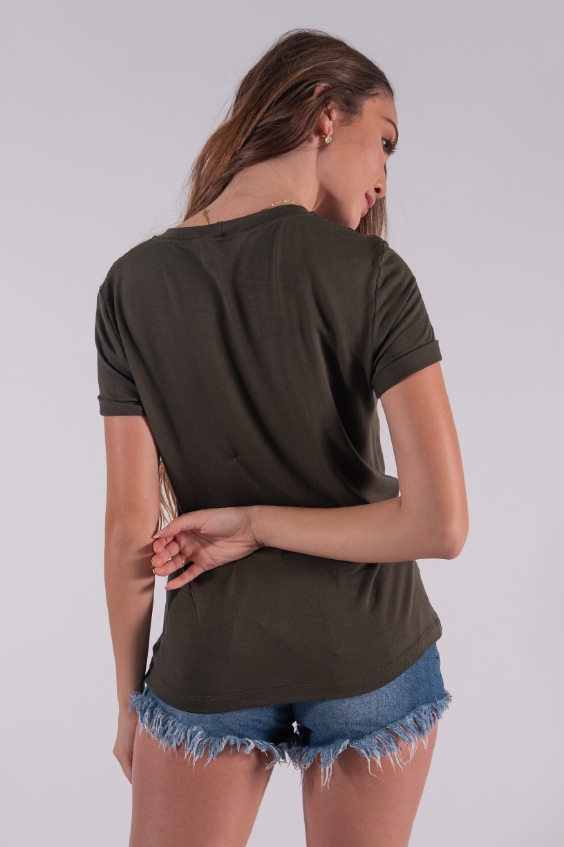 Blusa Nózinho com Silk Girassol e Corações (Verde Militar) | Ref: K2833-I