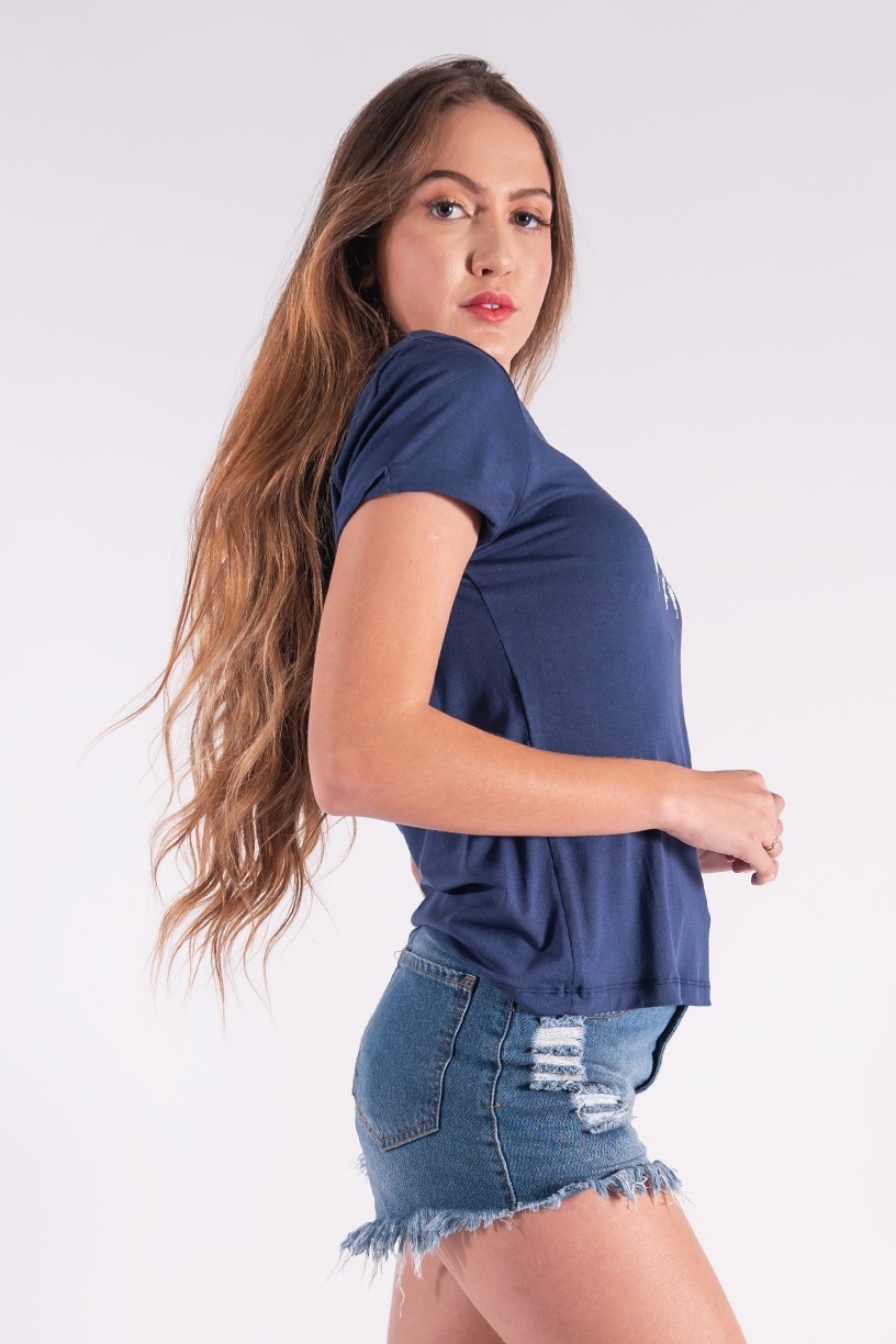 Blusa Nózinho com Silk Penas de Índio (Azul Marinho) | Ref: K2838-F