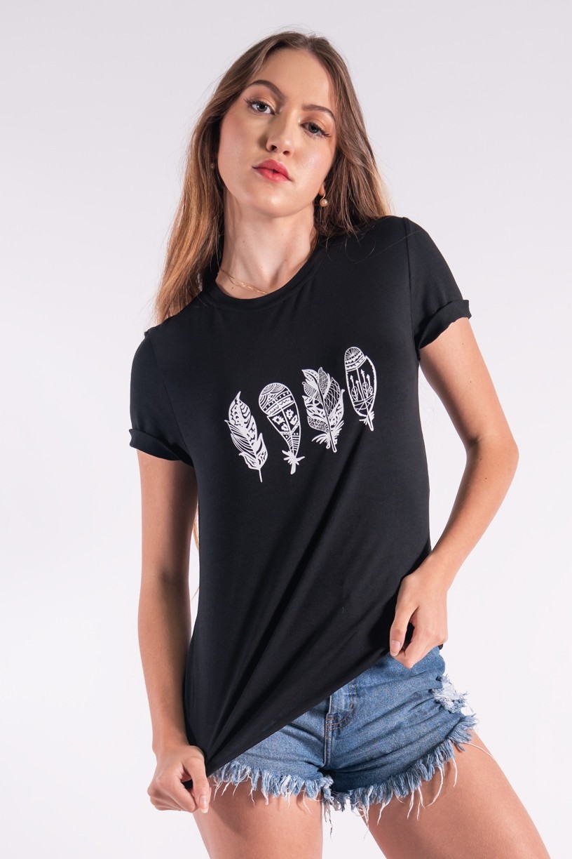 Blusa Nózinho com Silk Penas de Índio (Preto) | Ref: K2838-A