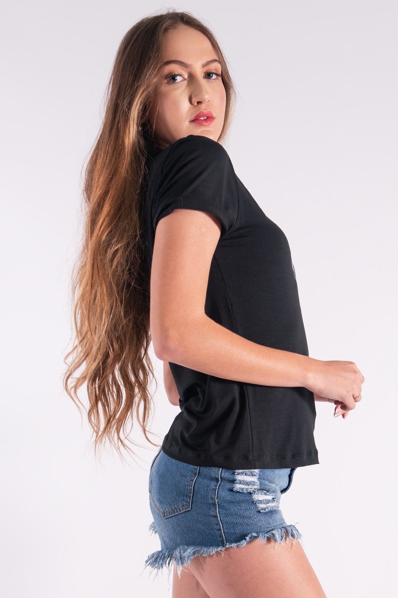 Blusa Nózinho com Silk Penas de Índio (Preto) | Ref: K2838-A