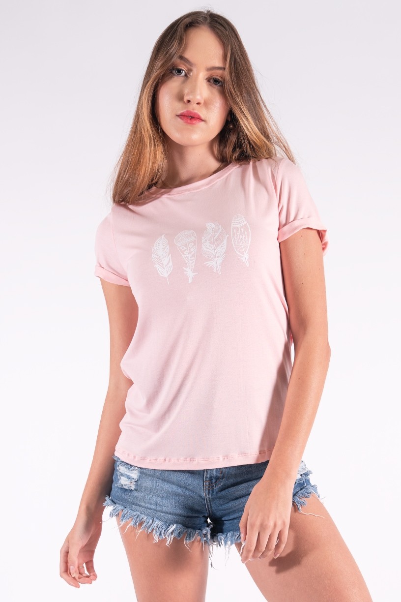 Blusa Nózinho com Silk Penas de Índio (Rosa bebê) | Ref: K2838-D