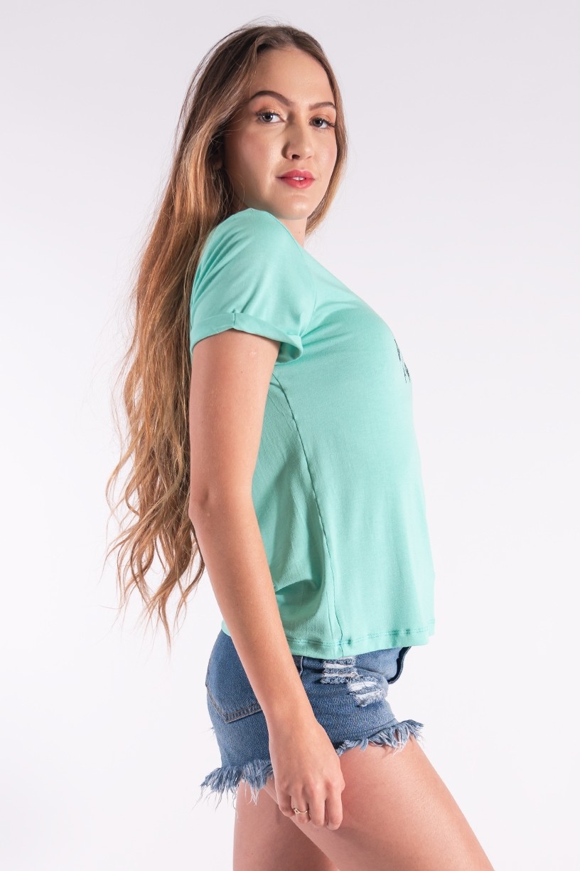 Blusa Nózinho com Silk Penas de Índio (Verde Água) | Ref: K2838-H