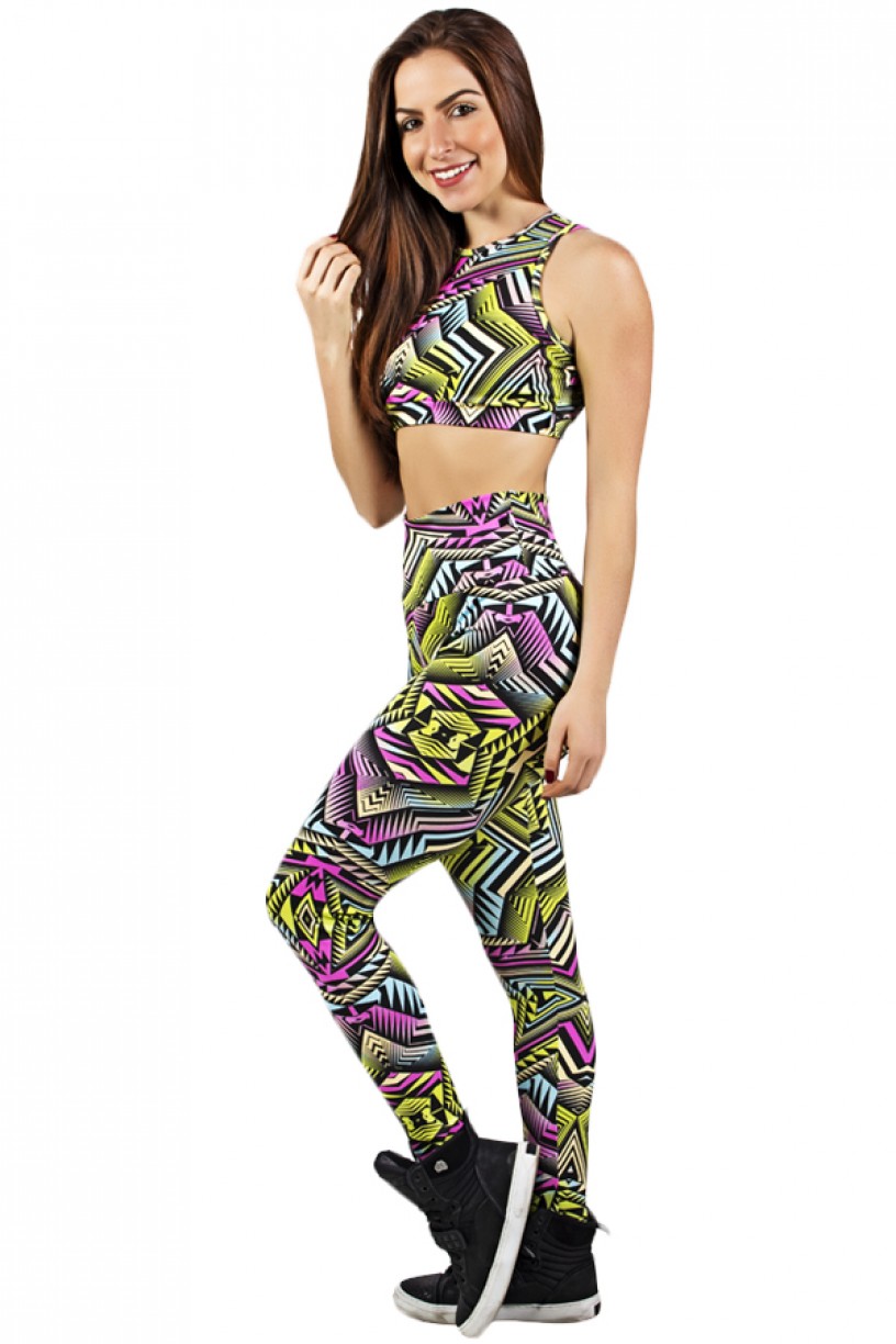 Conjunto Cropped e Legging Estampada Triângulos Coloridos 3 | Ref: F895