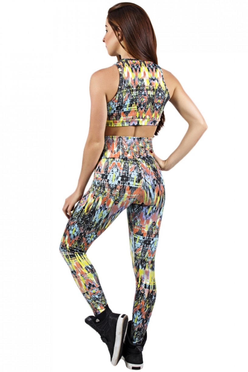 Conjunto Cropped e Legging Estampada Triângulo com Manchas Laranja Verde e Azul | Ref: F897 