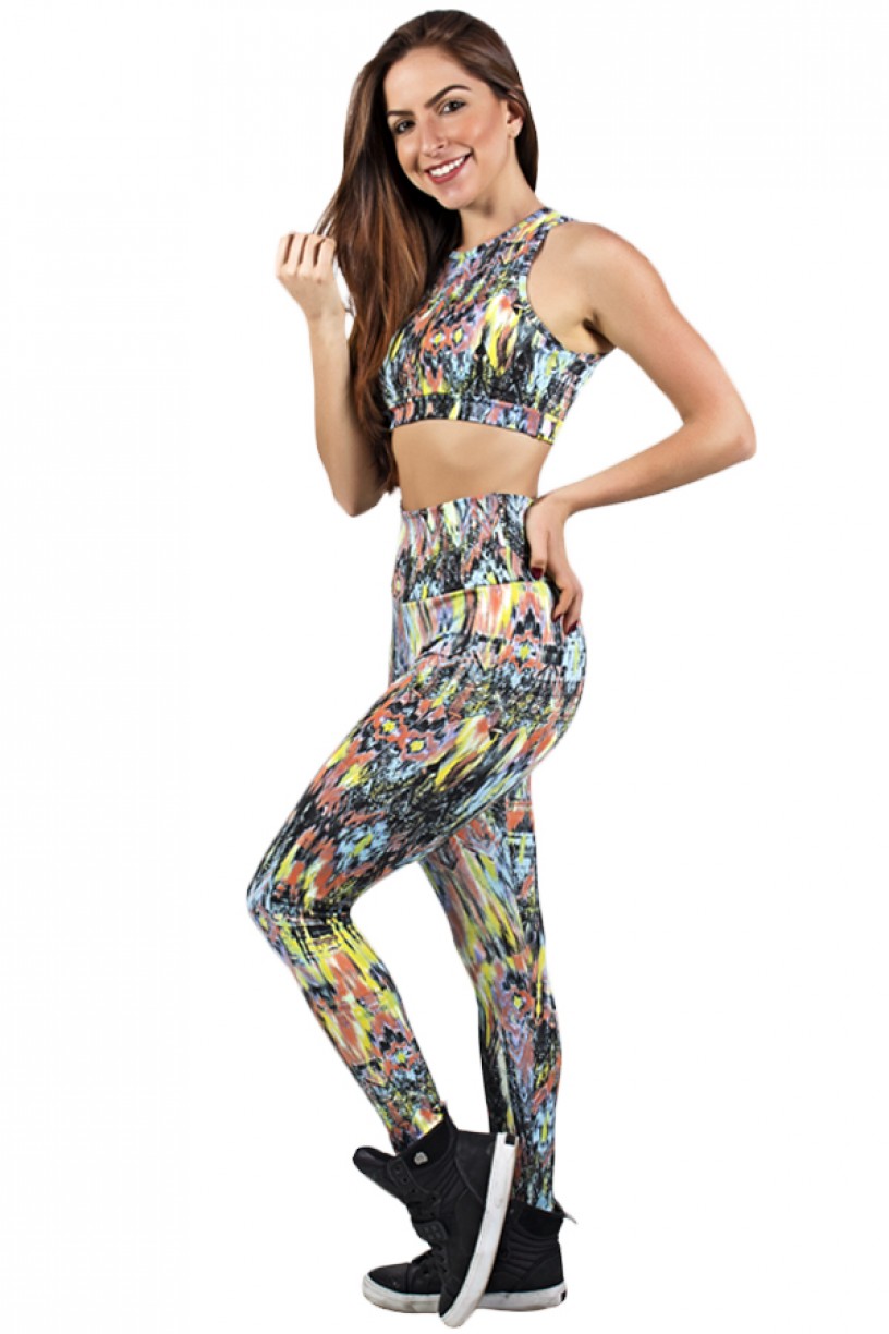 Conjunto Cropped e Legging Estampada Triângulo com Manchas Laranja Verde e Azul | Ref: F897 