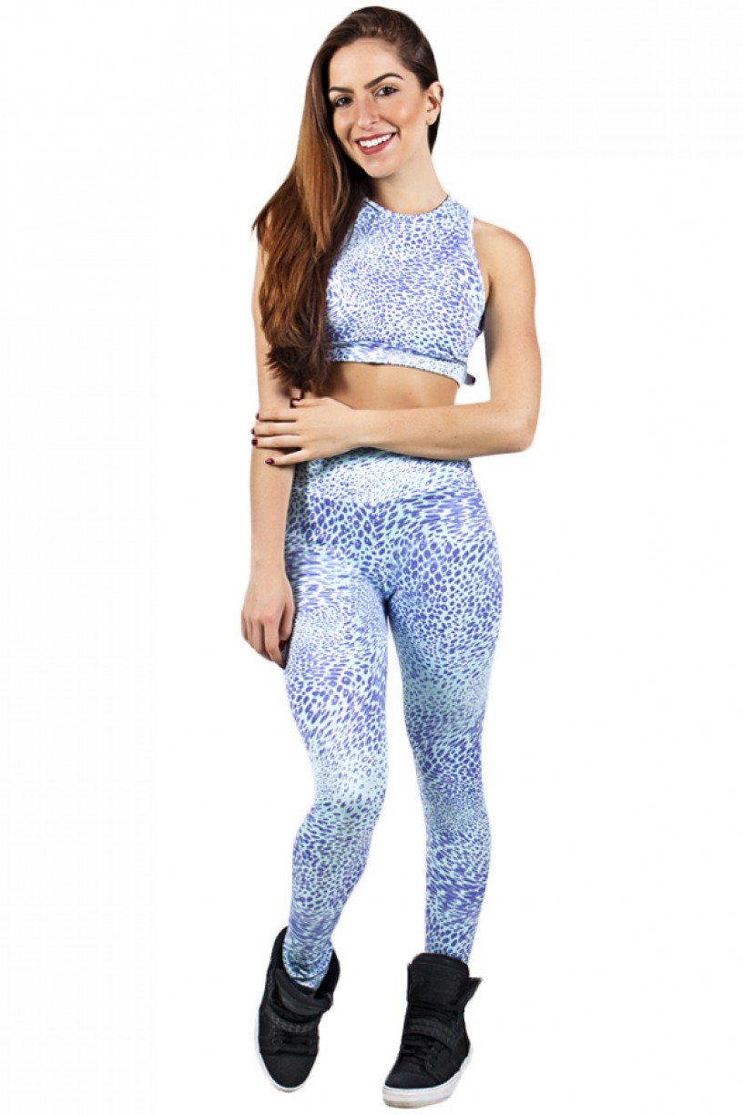 Conjunto Cropped e Legging Estampada Oncinha Roxa com Verde | Ref: F892 