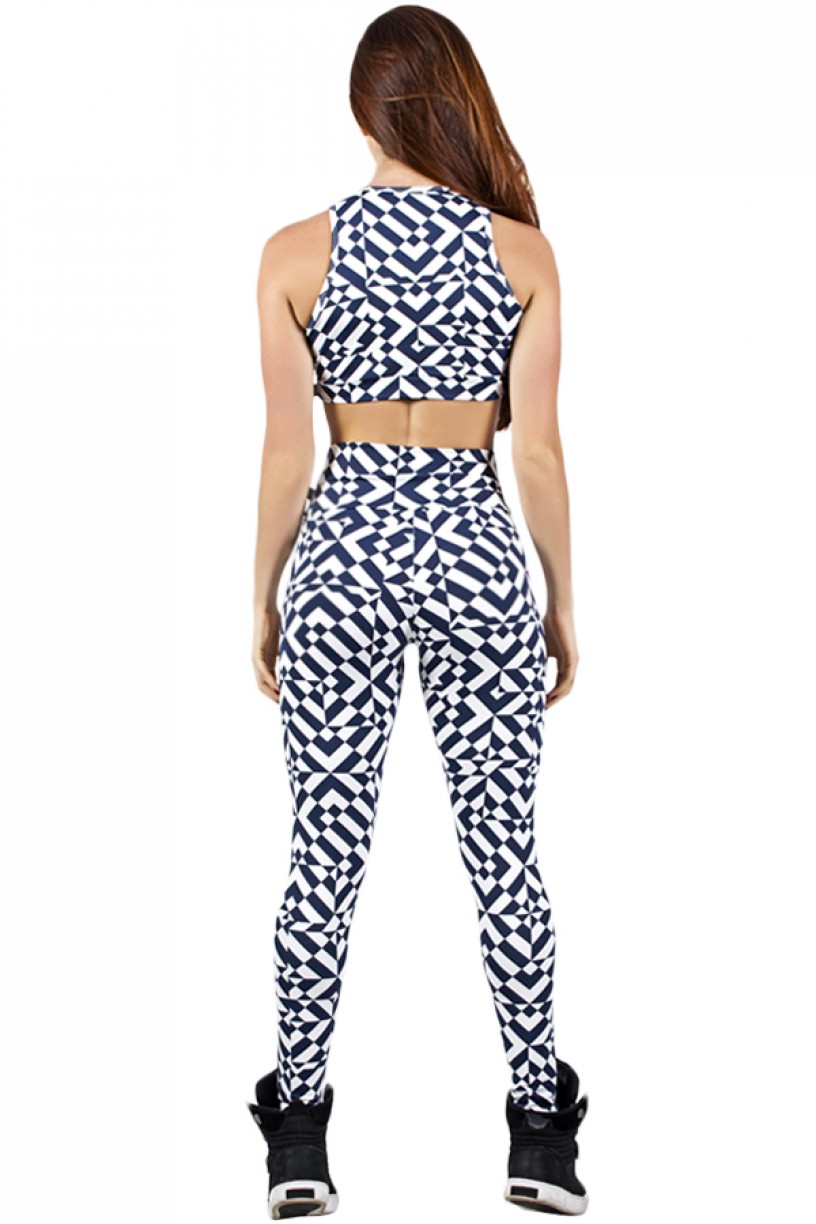 Conjunto Cropped e Legging Estampada Mosaico Branco e Azul Marinho | Ref: F902Conjunto Cropped e Legging Estampada Mosaico Branco e Azul Marinho | Ref: F902