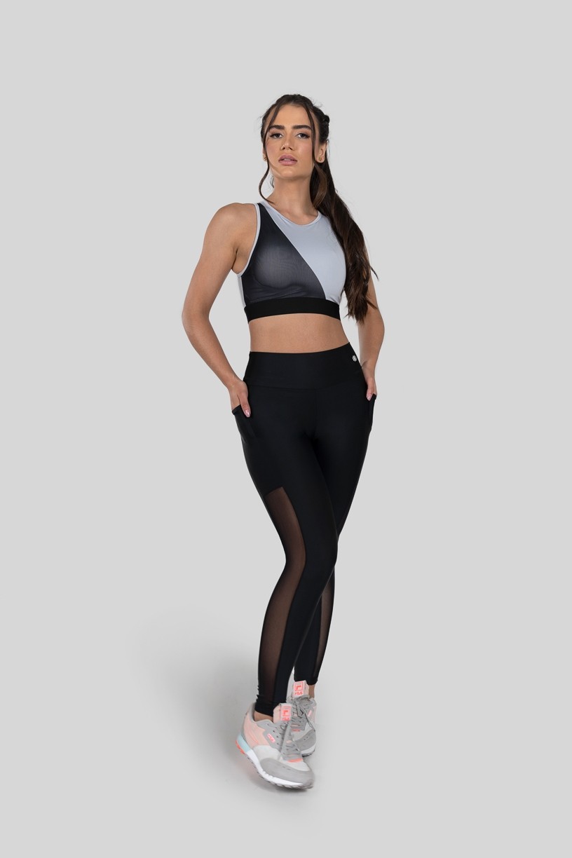 Calça Legging com Bolso e Faixa de Tule (Preto)  Ref K2873-A