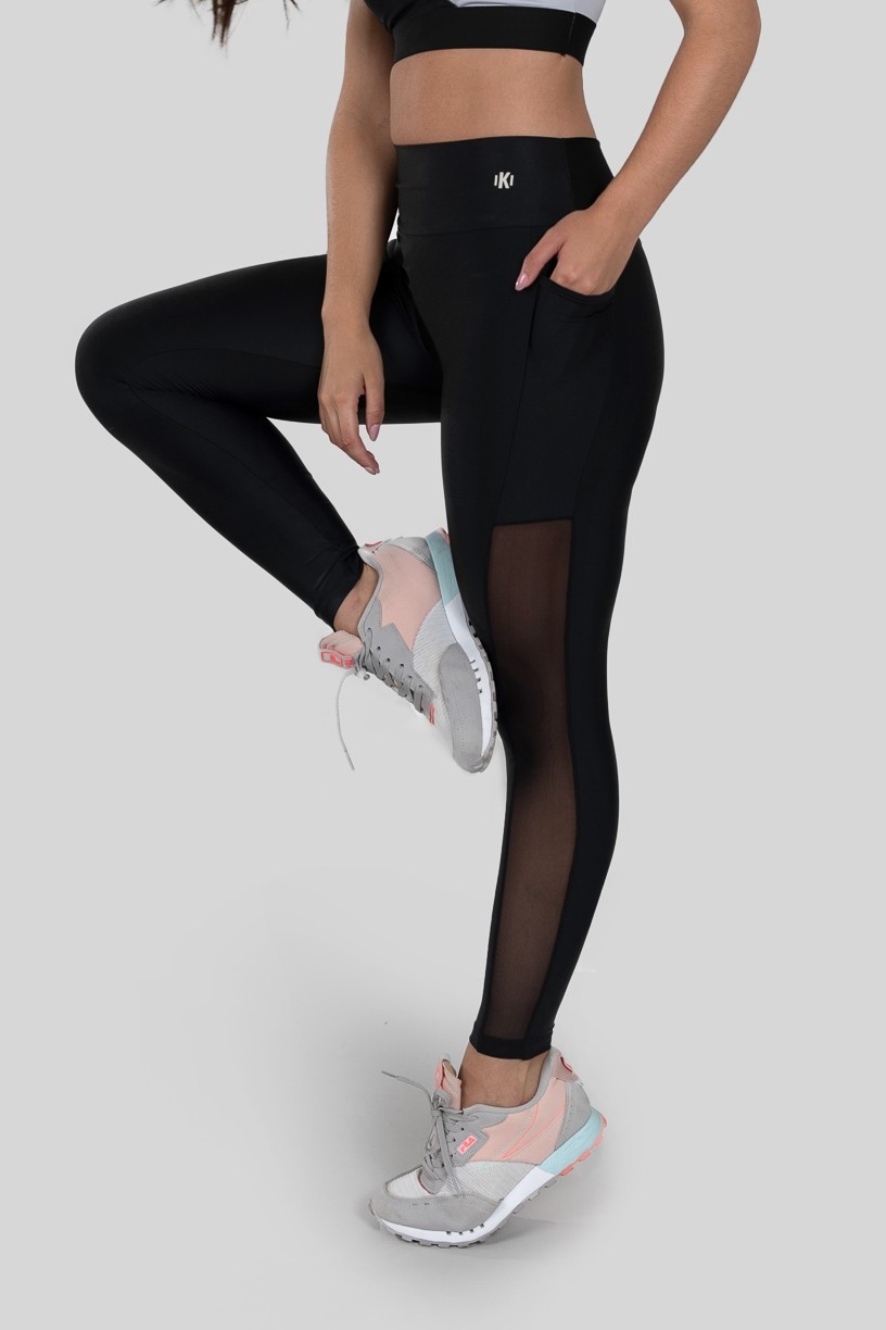 Calça Legging com Bolso e Faixa de Tule (Preto)  Ref K2873-A