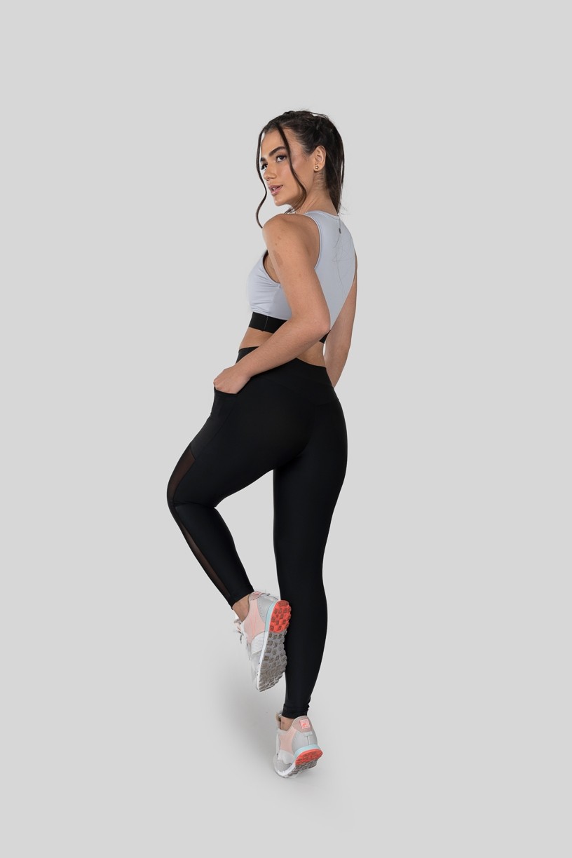 Calça Legging com Bolso e Faixa de Tule (Preto)  Ref K2873-A