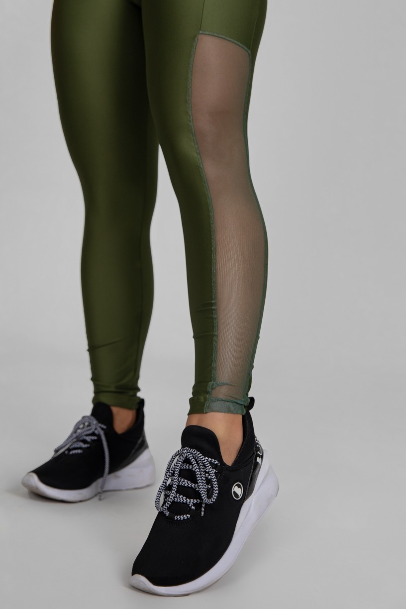 Calça Legging com Bolso e Faixa de Tule (Verde Militar) | Ref: K2873-E