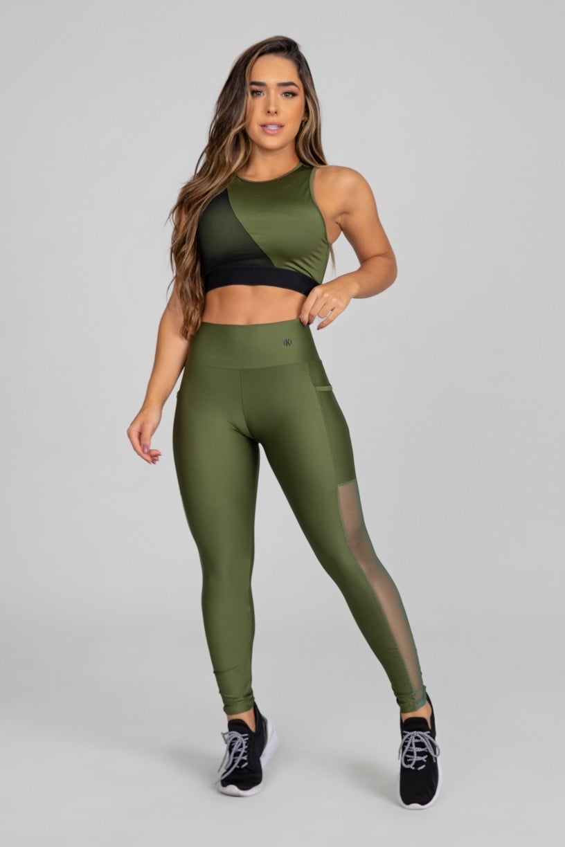 Calça Legging com Bolso e Faixa de Tule (Verde Militar) | Ref: K2873-E