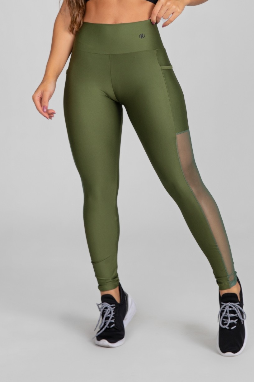 Calça Legging com Bolso e Faixa de Tule (Verde Militar) | Ref: K2873-E